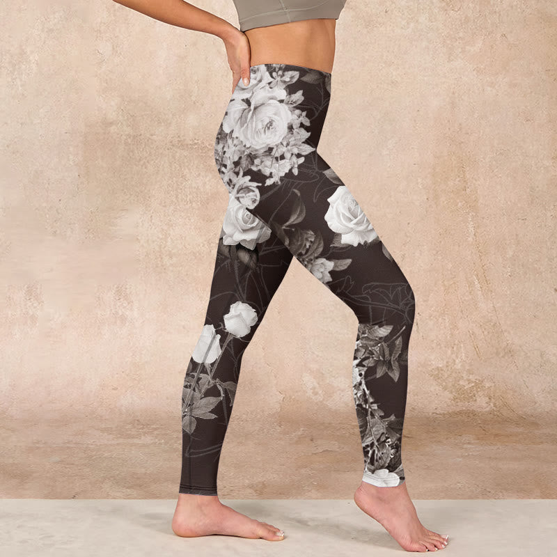 Gray White Rose Print Gym Fitness Leggings Women's Yoga Pants