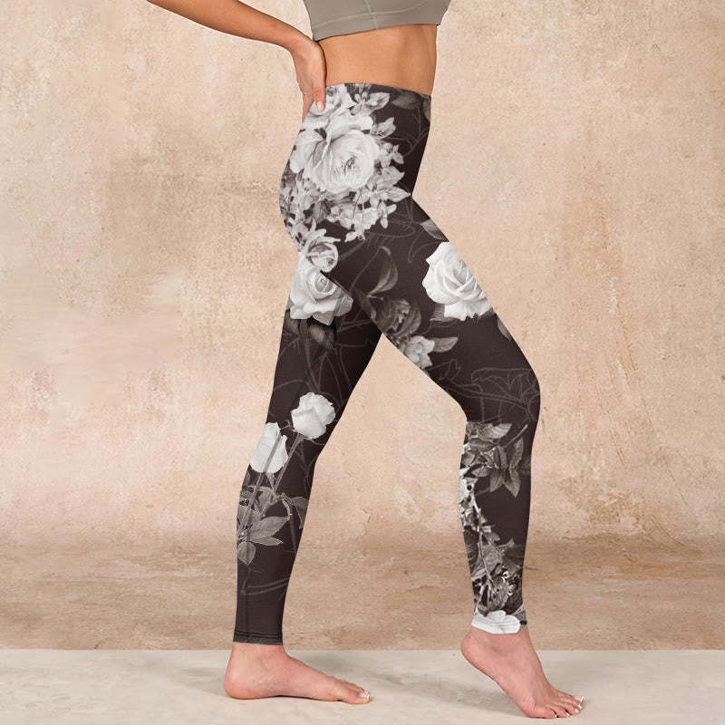 Gray White Rose Print Gym Fitness Leggings Women's Yoga Pants