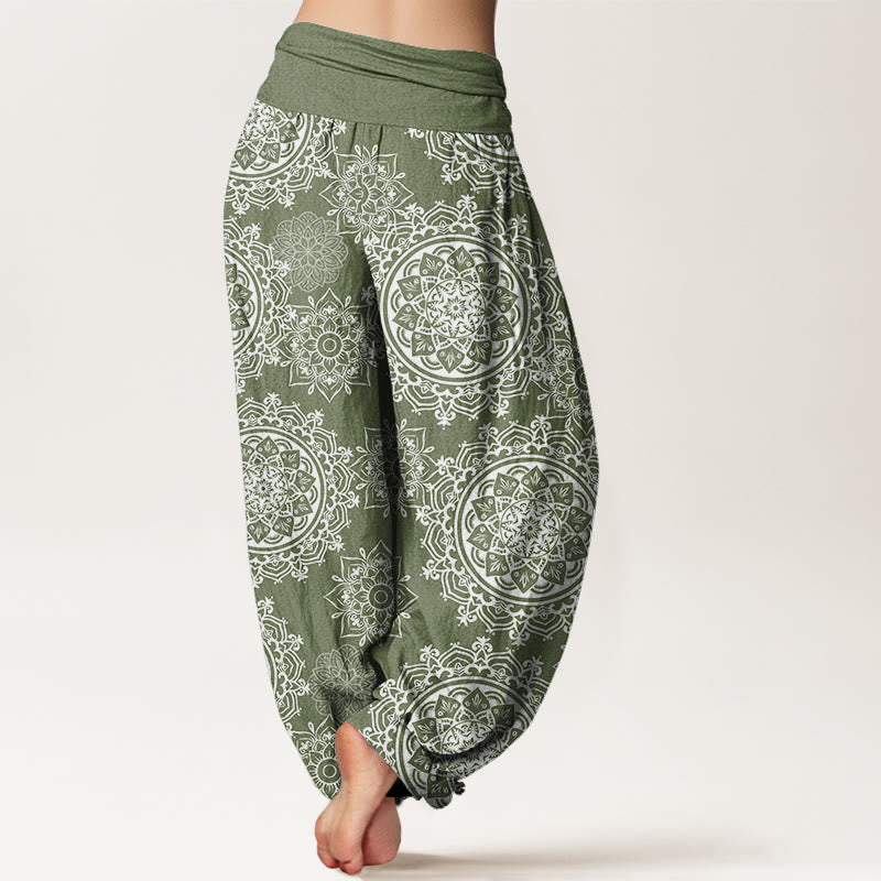 Casual White Mandala Flower Design Women's Elastic Waist Harem Pants