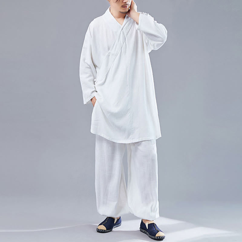 2Pcs V-Neck Men's Long Sleeve Shirt Top Pants Meditation Zen Tai Chi Cotton Linen Clothing Set