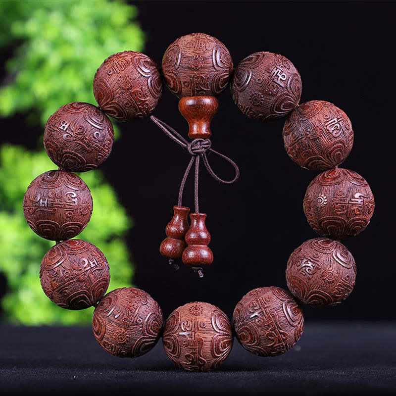 Chinese Zodiac Rosewood Ebony Boxwood Copper Coin PiXiu Carved Warmth Bracelet