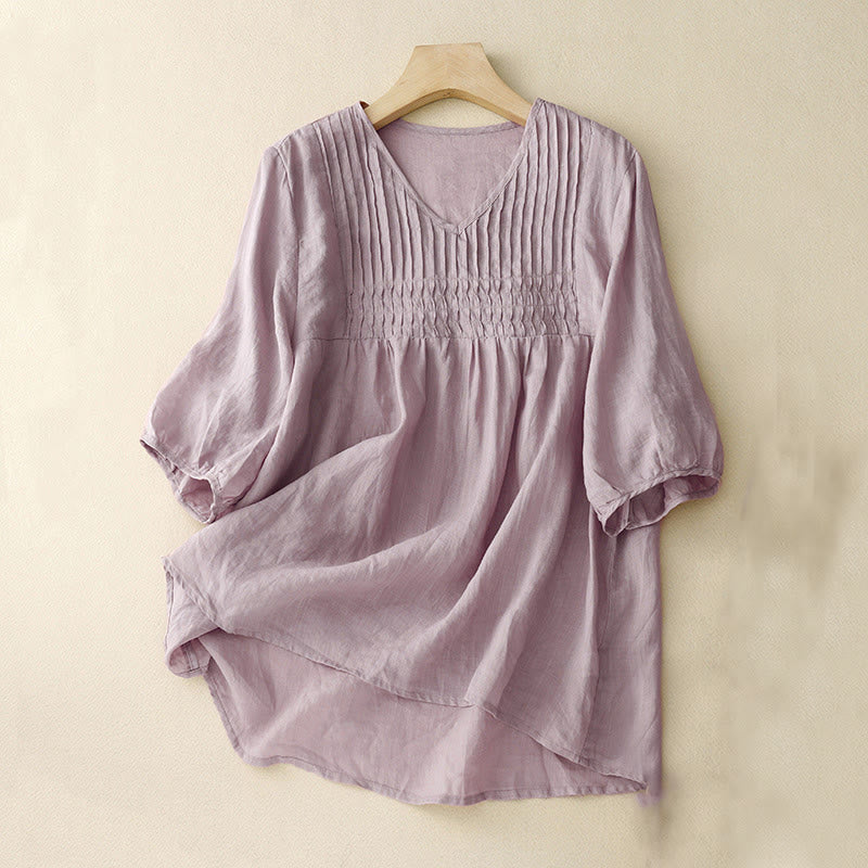 Casual Plain Loose Women's V-Neck Design Half Sleeve Cotton Linen Shirt
