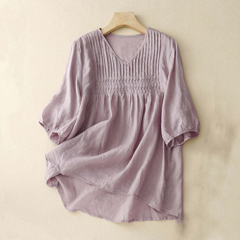 Casual Plain Loose Women's V-Neck Design Half Sleeve Cotton Linen Shirt