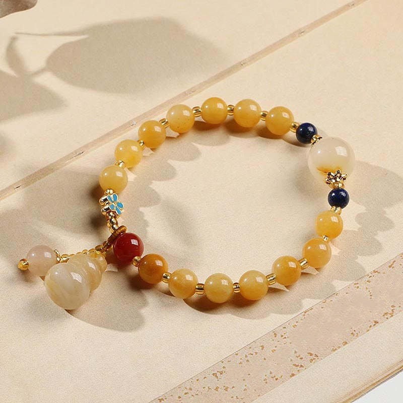 Natural Golden Silk Jade Gourd Charm Wealth Luck Bracelet