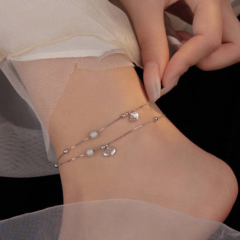 925 Sterling Silver Ginkgo Leaf Double Layer Protection Anklet