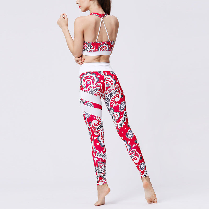 2Pcs Sunflower Flowers Leaves Print Top Pants Sports Fitness Yoga Women's Yoga Sets