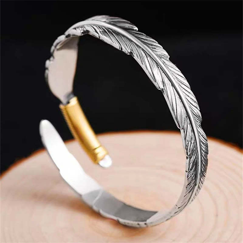 Feather Pattern Engraved Luck Cuff Bracelet Bangle