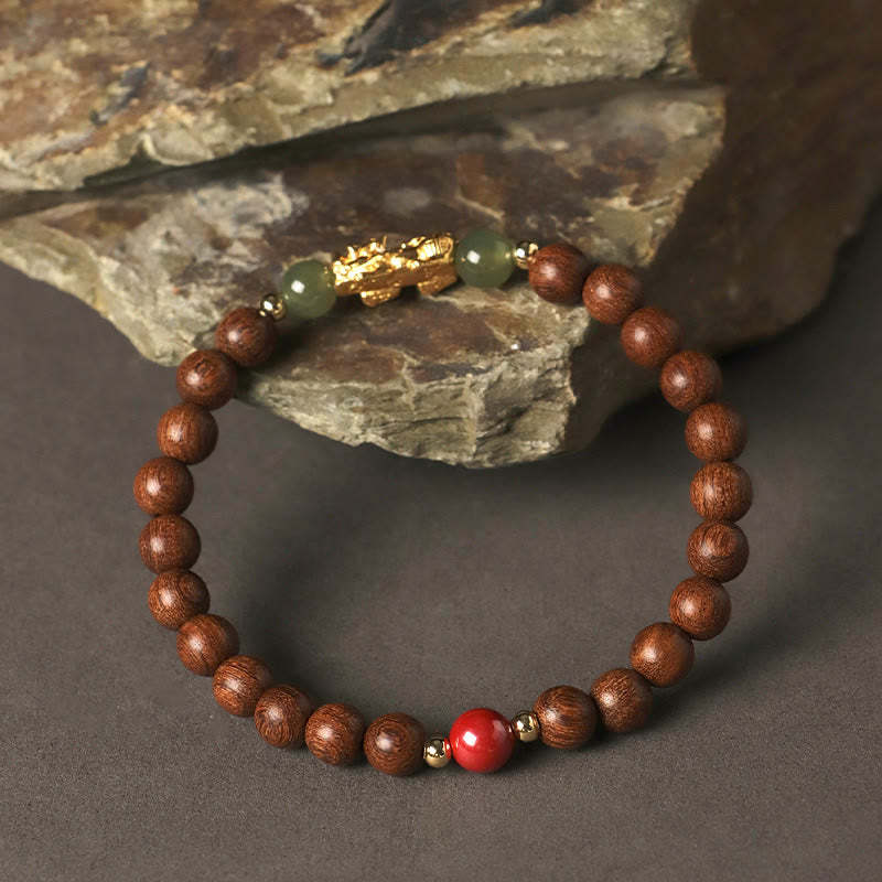 999 Sterling Silver Sandalwood Ebony Wood Small Leaf Red Sandalwood Hetian Jade Cinnabar PiXiu Wealth Bracelet