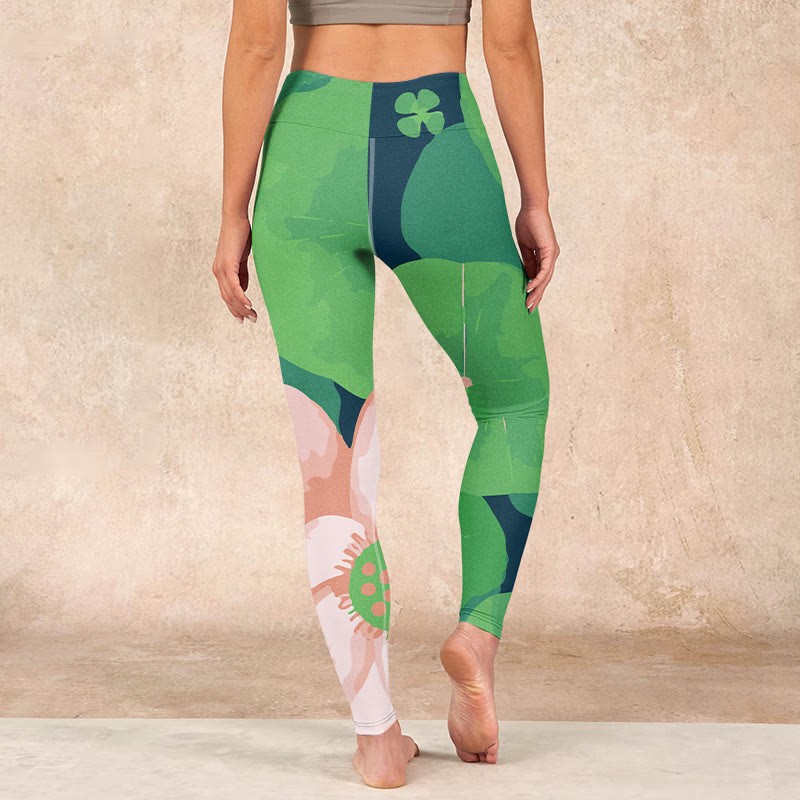 Green Lotus Flower Leaf Print Sports Fitness Leggings Women's Yoga Pants