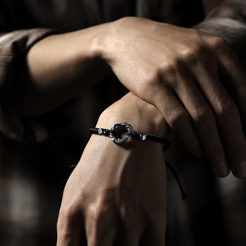 999 Sterling Silver Peace Buckle Black Wax Rope Protection Bracelet