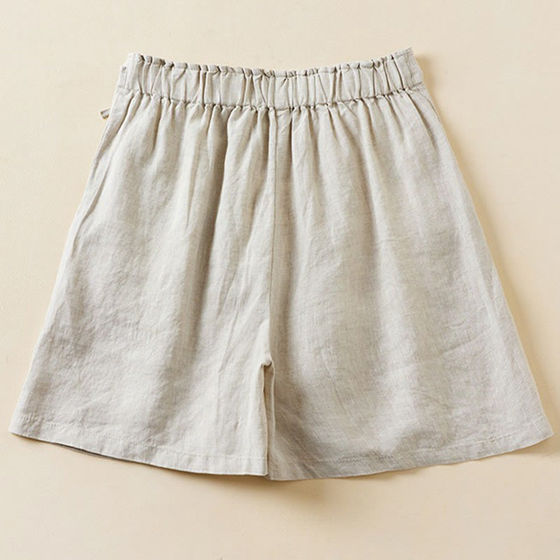 Solid Color Two Buttons Lace-up Cotton Linen Women's Shorts With Pockets