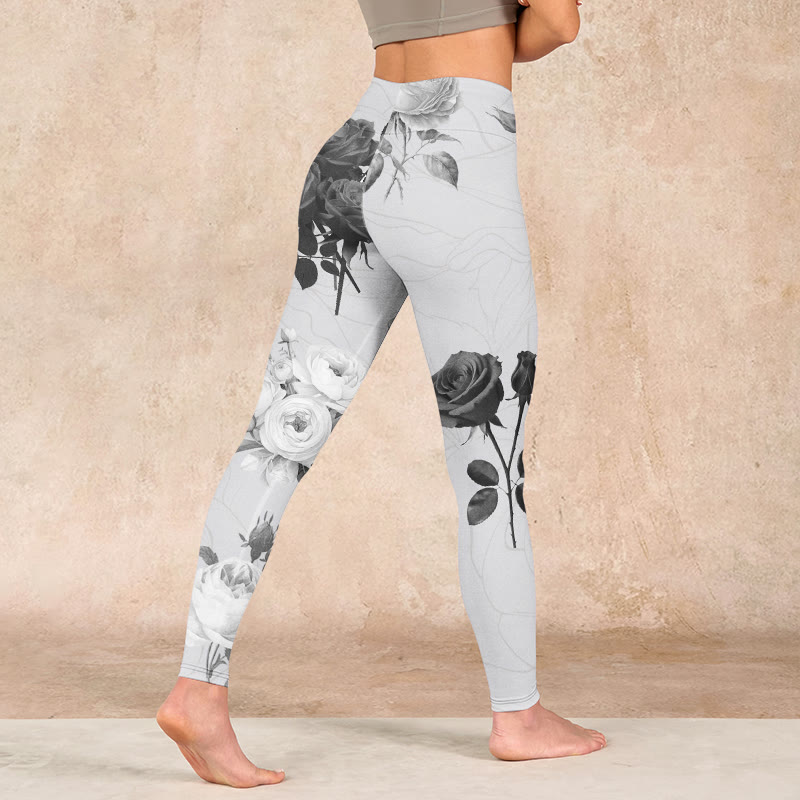 Black White Rose Gym Leggings Women's Yoga Pants