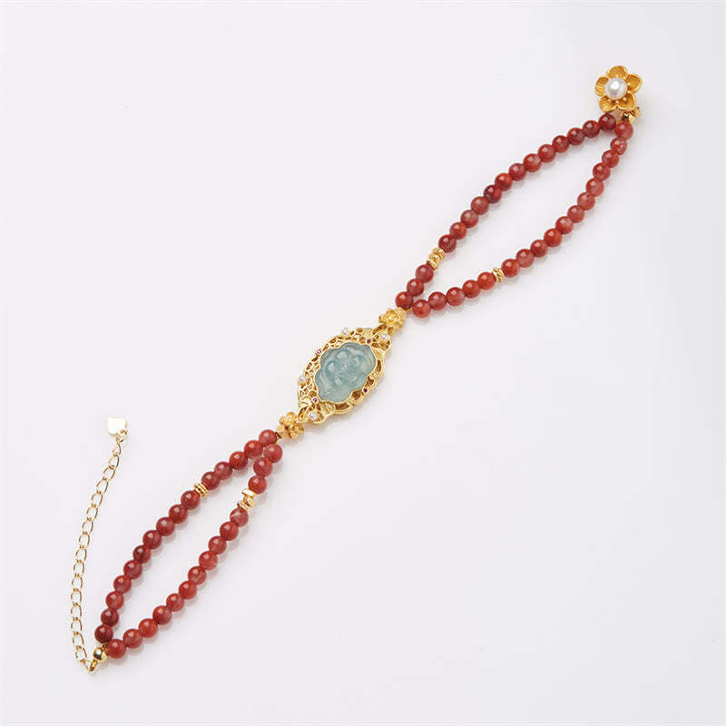 925 Sterling Silver Plated Gold Natural Red Agate Lotus Jade Calm Double Layer Bracelet