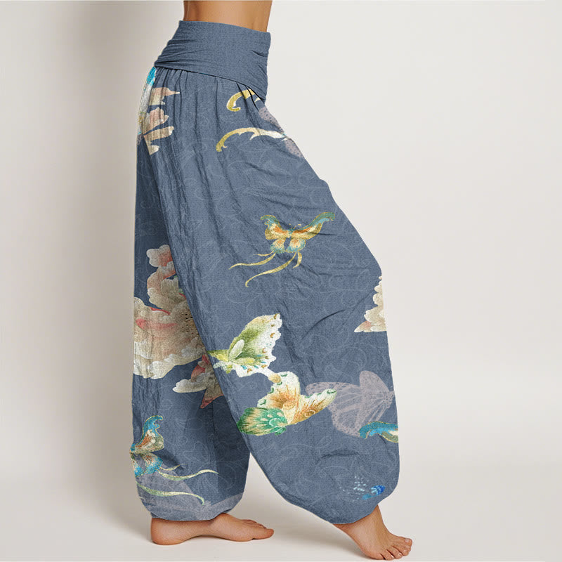 Chrysanthemums Butterflies Pattern Women's Elastic Waist Harem Pants
