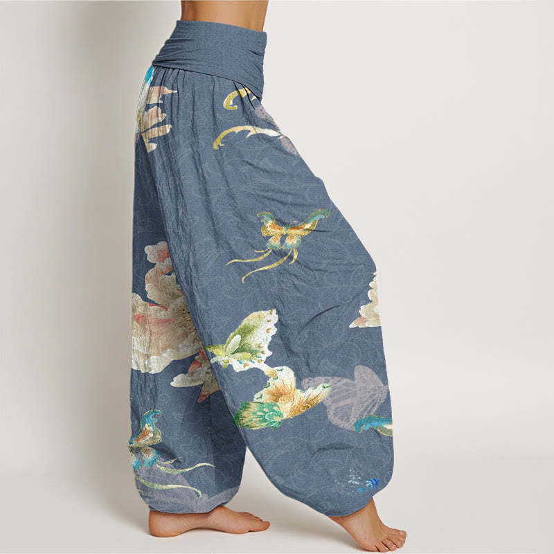 Chrysanthemums Butterflies Pattern Women's Elastic Waist Harem Pants