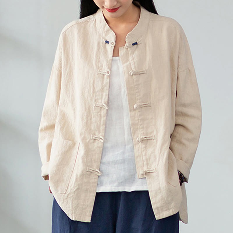Solid Color Frog-button Long Sleeve Linen Women's Shirts With Pockets