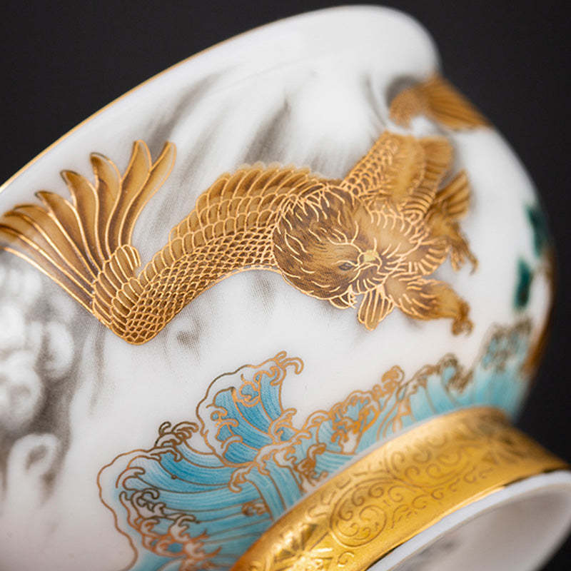 Golden Eagle Auspicious Dragon Sun Ocean Waves Gilt Ceramic Teacup Kung Fu Tea Cup