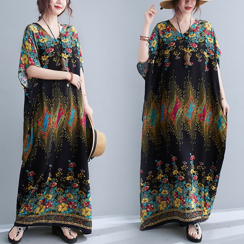 Casual Loose Printing Flower Pattern V-Neck Half Sleeve Design Polyester Midi Dress With Pockets