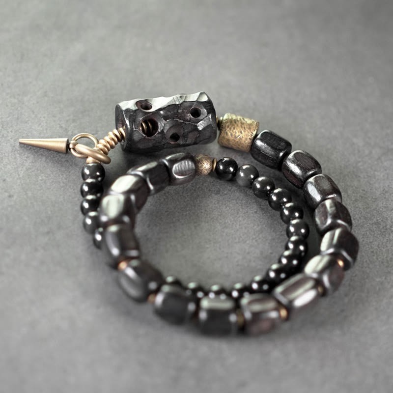Ebony Wood Black Obsidian Copper Brass Peace Double Wrap Bracelet