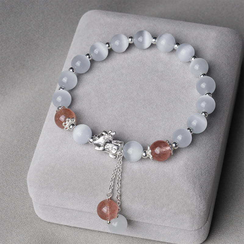 Natural Cat's Eye Moonstone Strawberry Quartz PiXiu Support Bracelet
