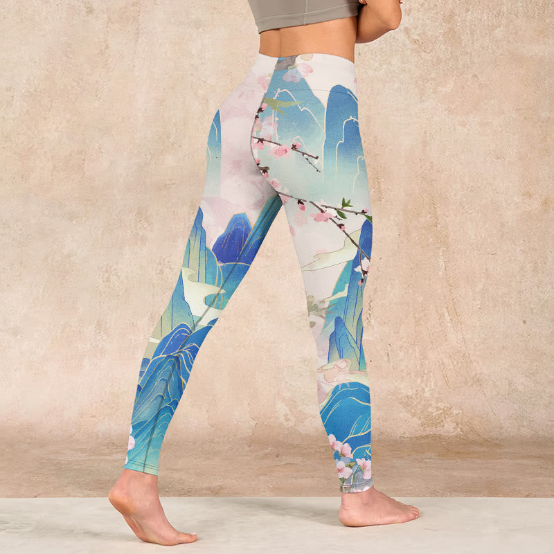 Plum Blossoms Mountains Print Gym Leggings Women's Yoga Pants