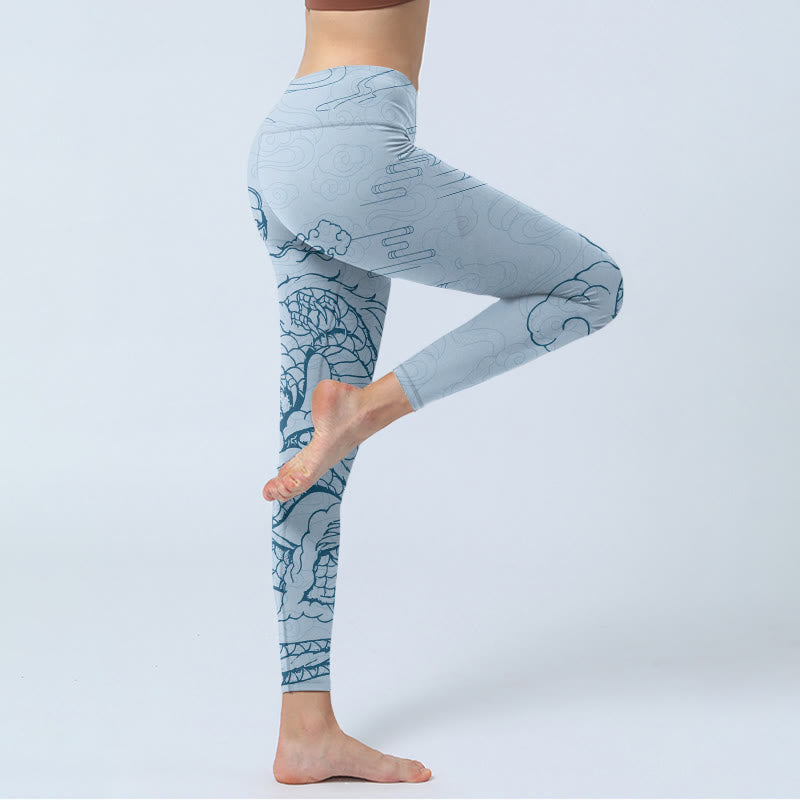 Blue Soaring Dragon Swirling Clouds Print Gym Leggings Women's Yoga Pants