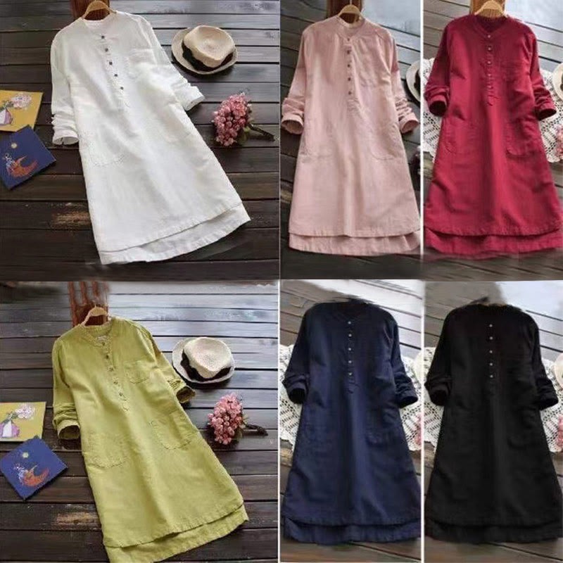 Solid Buttons Long Sleeve Cotton Linen Women's Shirt Dress With Pockets