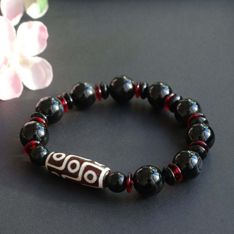 Black Onyx Nine-Eye Dzi Bead Wealth Protection Bracelet