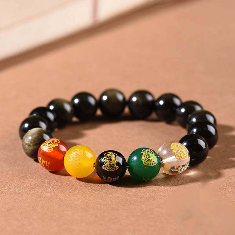 Gold Sheen Obsidian Rainbow Obsidian Black Obsidian Five Directions Gods of Wealth Bracelet