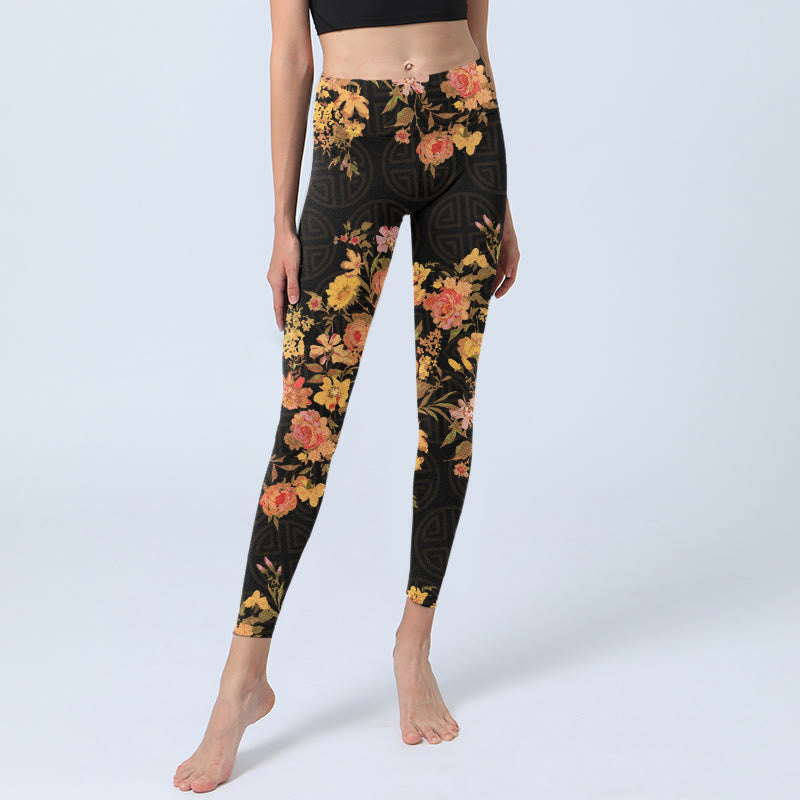Yellow Pink Flowers Green Leaves Print Gym Fitness Leggings Women's Yoga Pants