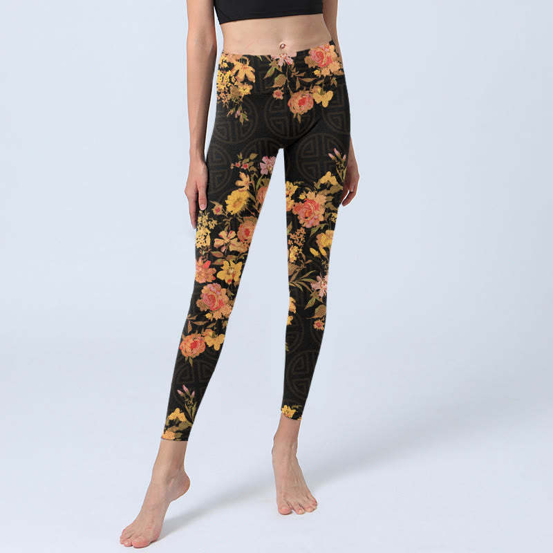 Yellow Pink Flowers Green Leaves Print Gym Fitness Leggings Women's Yoga Pants