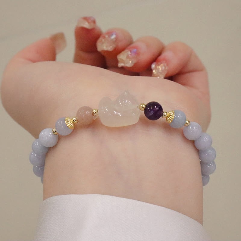 Natural Aquamarine Chalcedony Serenity Rabbit Gourd Cat Charm Bracelet