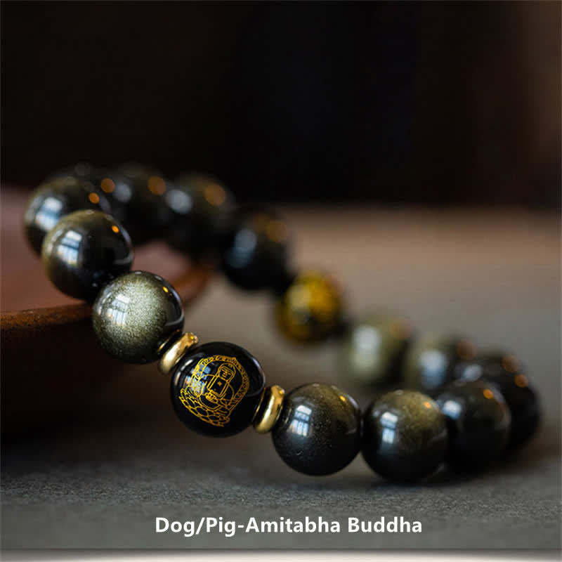 Chinese Zodiac Natal mystic zen Gold Sheen Obsidian Wealth Protection Bracelet