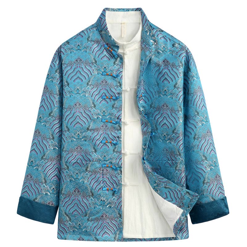 Chinese New Year Jacquard Damask Seawater Pattern Frog-button Tang Suit Men's Jacket Shirt With Pockets