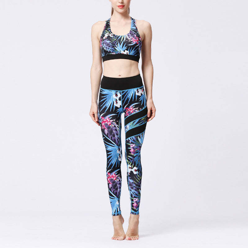 2Pcs Sunflower Flowers Leaves Print Top Pants Sports Fitness Yoga Women's Yoga Sets