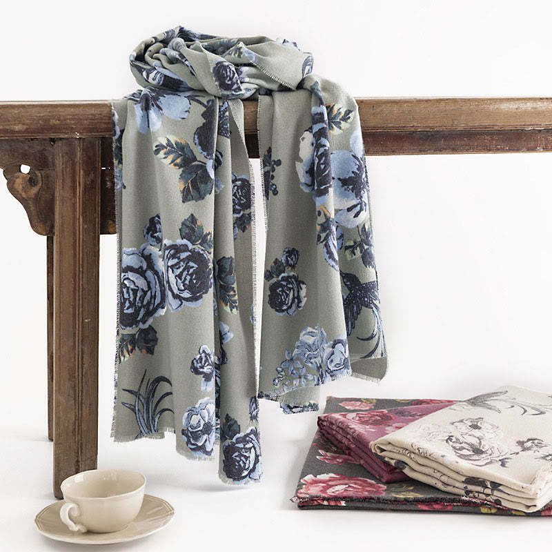 Tibetan Shawl Garden Style Rose Flower Print Fall Winter Soft Warm Scarf Wrap