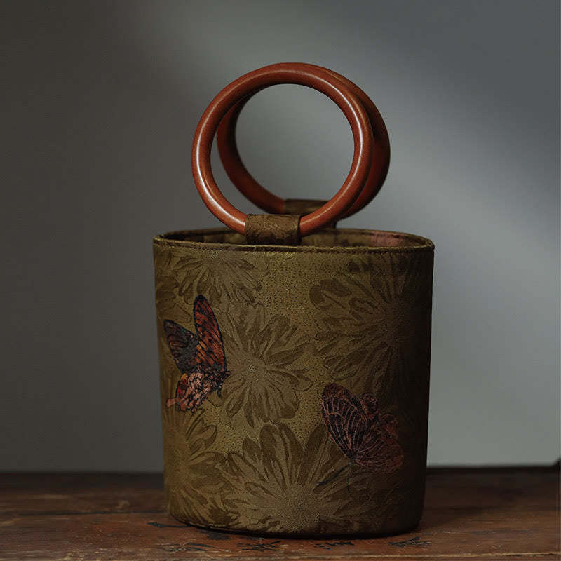 Bamboo Leaf Butterfly Cherry Blossom Persimmon Wood Handle Handbag