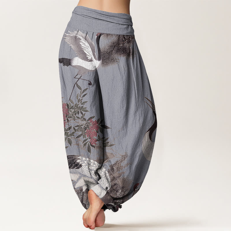Casual Red-crowned Crane Pine Tree Mountain Women's Elastic Waist Harem Pants