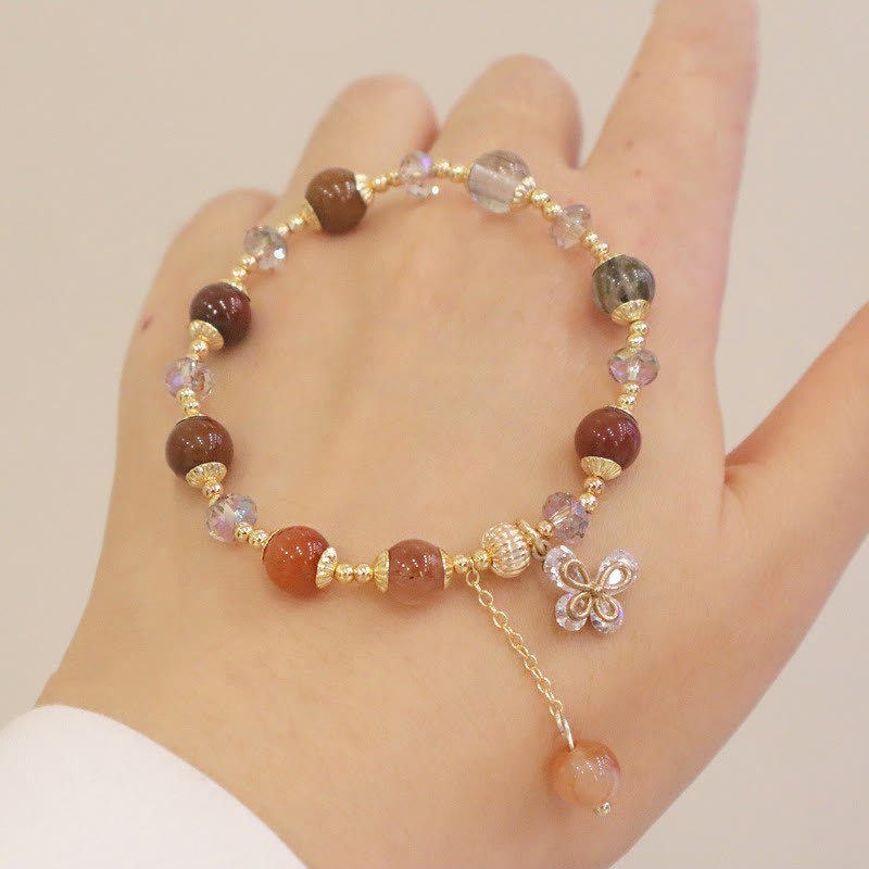 Natural Fu Lu Shou Rainbow Crystal Rutilated Quartz Wealth Butterfly Charm Bracelet