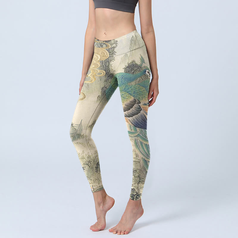 Peacock Auspicious Clouds Mountain Flowers Print Gym Leggings Women's Yoga Pants