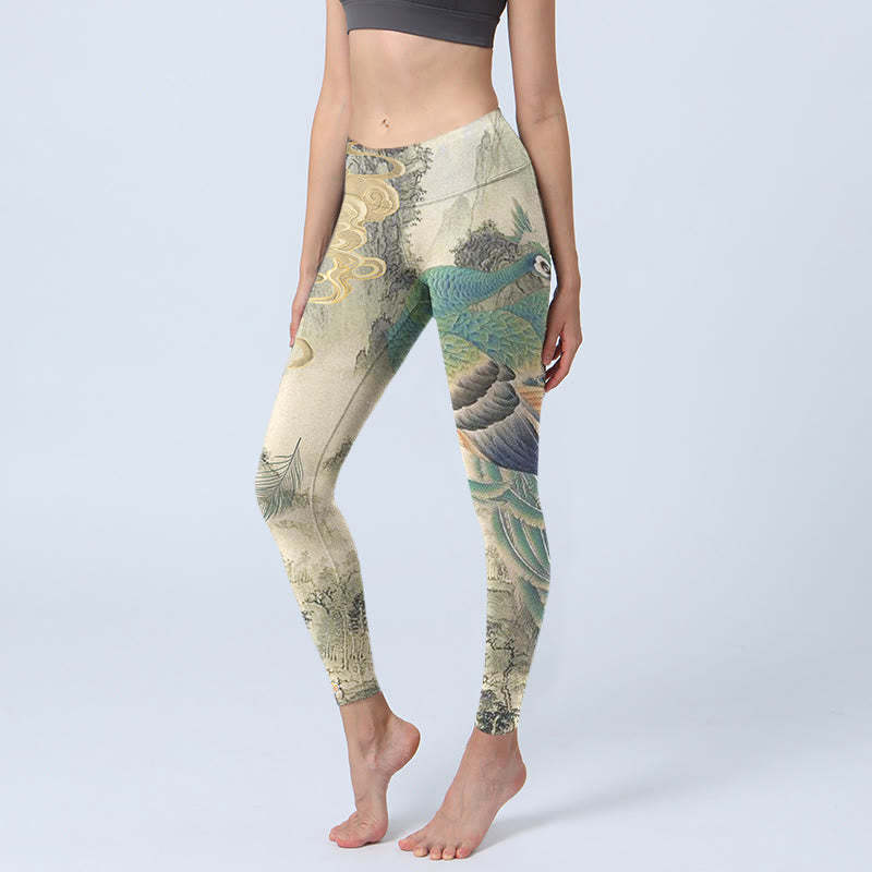 Peacock Auspicious Clouds Mountain Flowers Print Gym Leggings Women's Yoga Pants