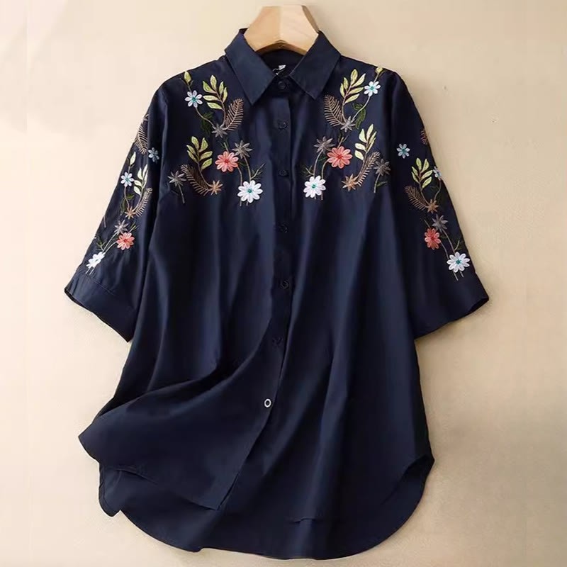 Summer Solid Color Embroidery Plants Flower Three Quarter Sleeve Lapel Button Cotton Women's Shirt