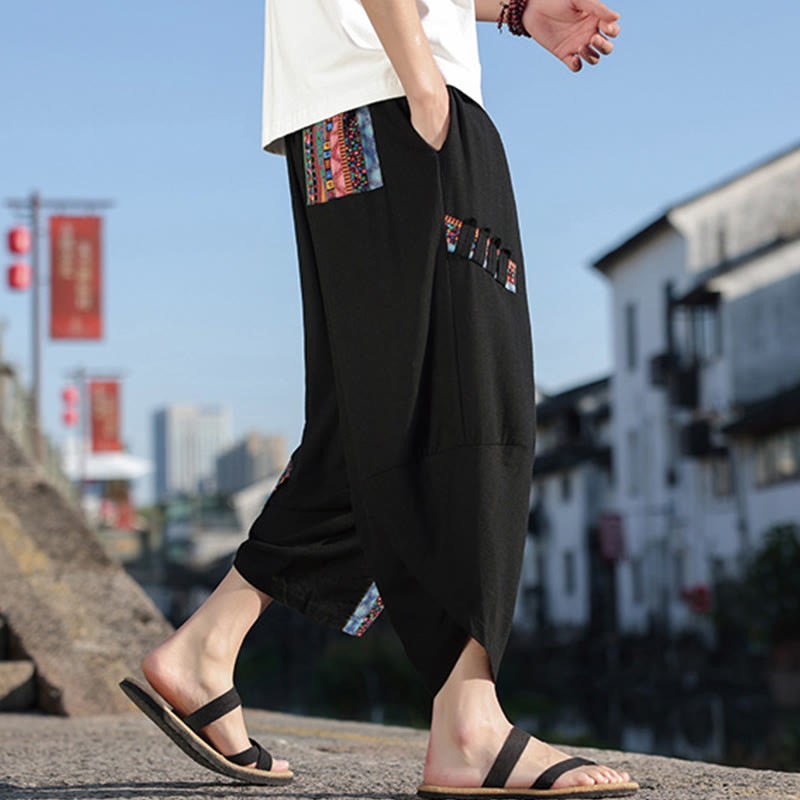 Bohemian Patchwork Pattern Cotton Drawstring Men's Wide Leg Pants With Pockets