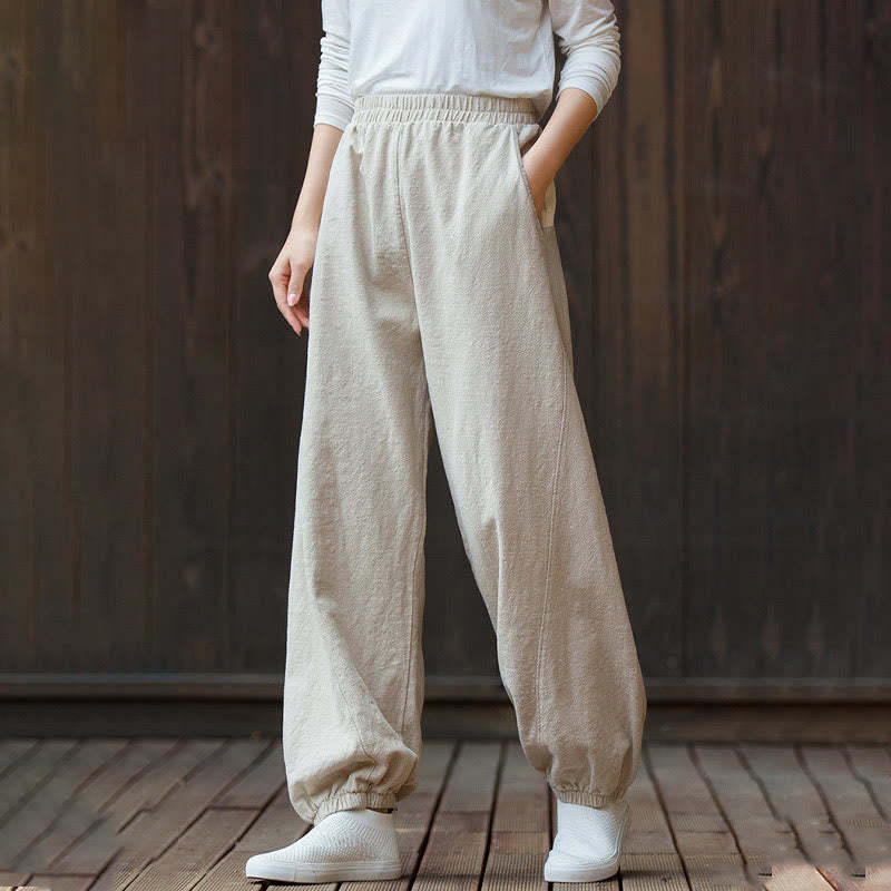Casual Solid Plain Color Carrot Elastic Waistband Cotton Ramie Women's Pants With Pockets