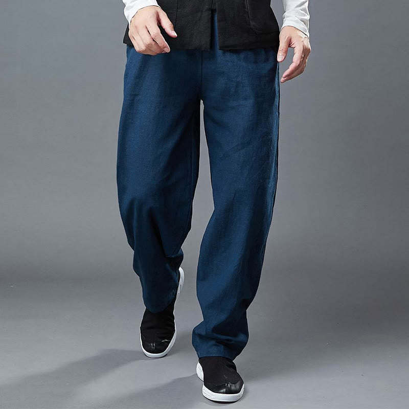 Plain Color Elastic Waist Ramie Linen Men's Pants With Pockets