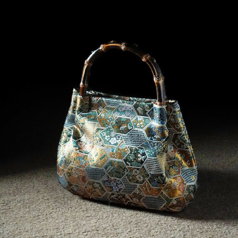 Jacquard Flowers Butterfly Bamboo Handle Metal Chain Crossbody Bag Hangbags