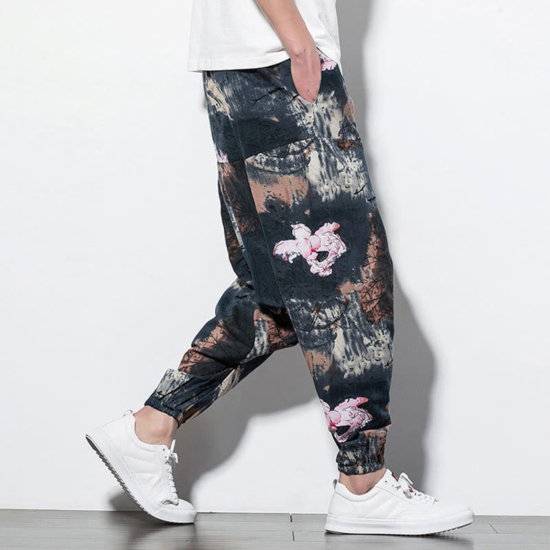 Pink Lotus Ink Painting Print Cotton Men's Long Cropped Harem Pants With Pockets
