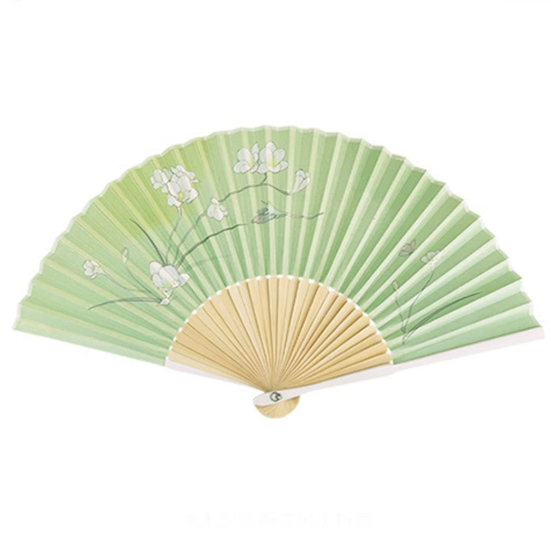 Orchid Begonia Flower Handheld Cotton Linen Fabric Bamboo Folding Fan