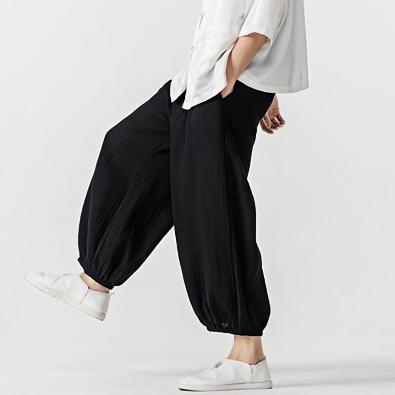 Soft Solid Color Drawstring Cotton Men's Pants With Pockets