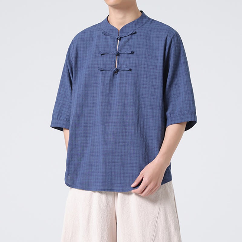Frog-Button Plaid Pattern Chinese Tang Suit Half Sleeve Shirt Cotton Linen Men Clothing